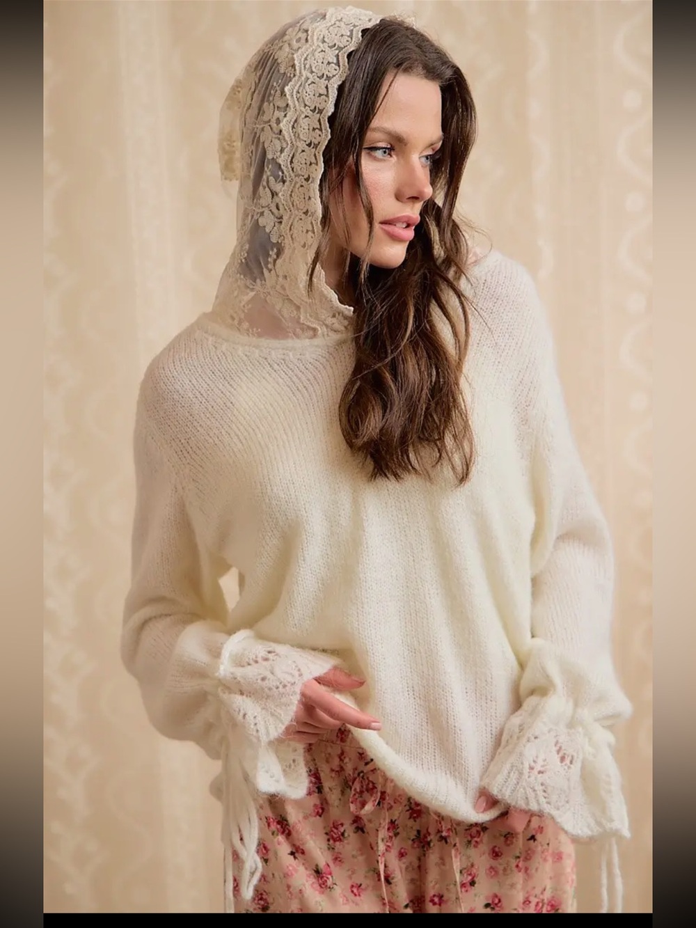 359. Bibi beautiful lace hooded knit sweater in cream